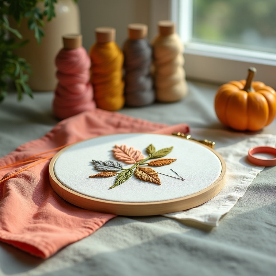 Embroidery hoop, floss, and sewing kit on linen