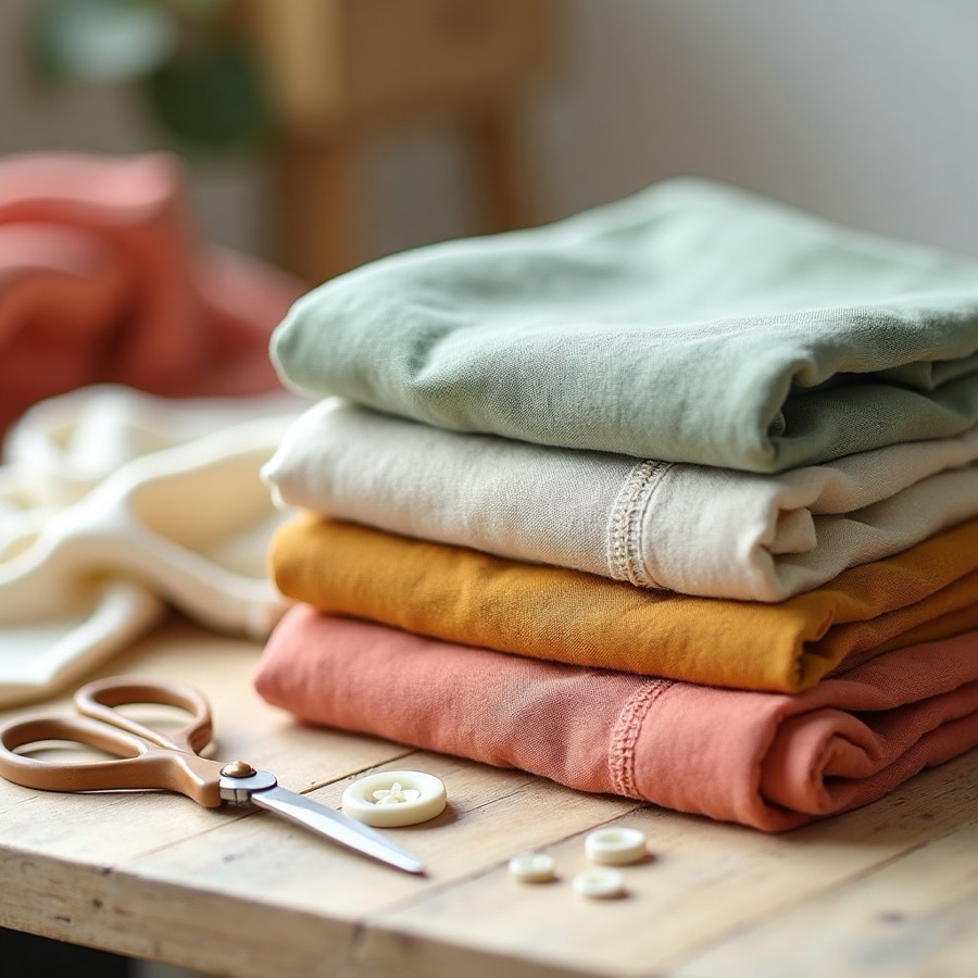 Folded cotton and linen fabrics with scissors, zippers, and buttons