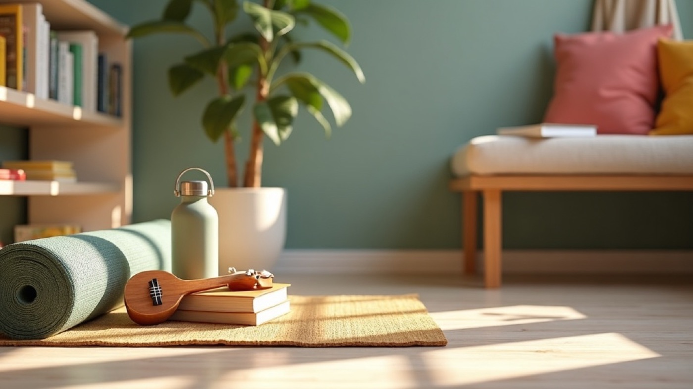 Yoga mat, books, water bottle, and ukulele in a bright leisure corner