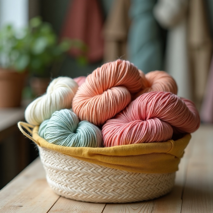 Colorful yarn skeins in a craft shop basket